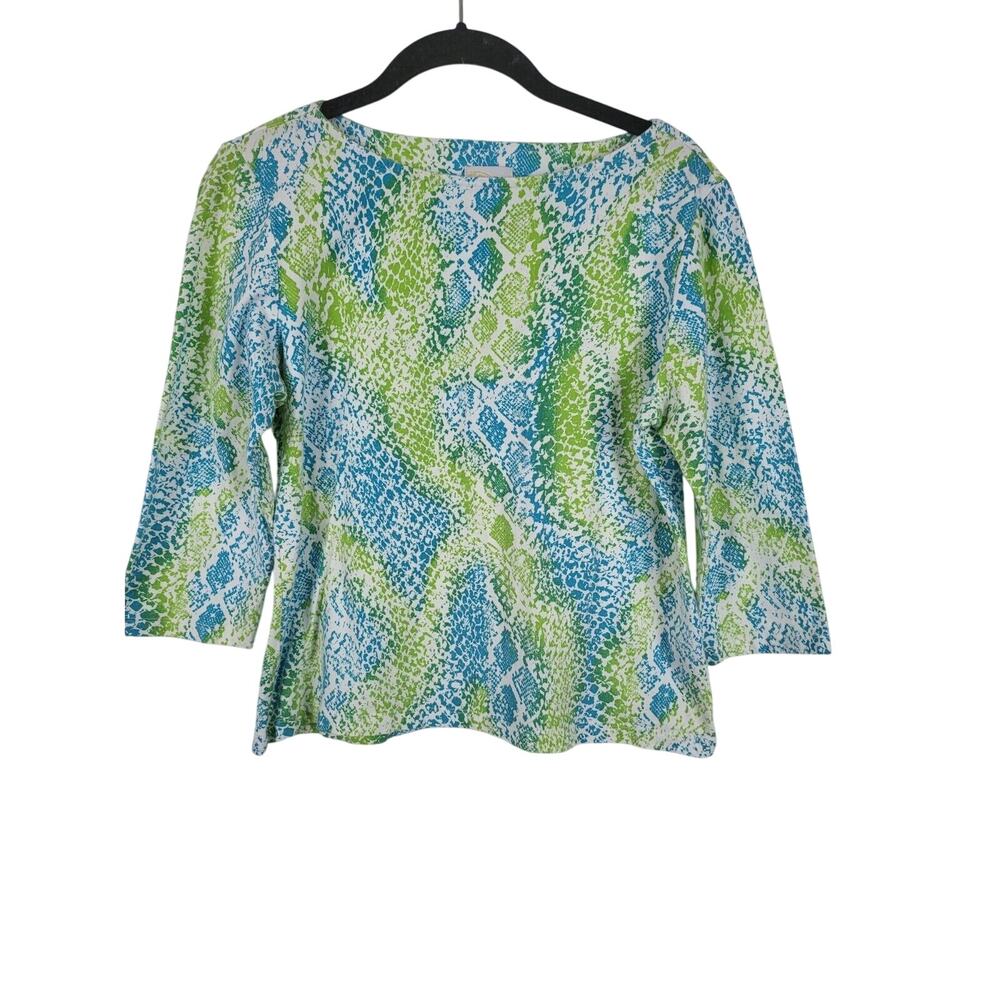 Ruby Rd Favorites Medium Petite Womens Long Sleeve Blue Green Crew Neck Pullover